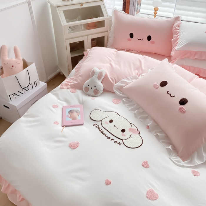 91家纺网 家纺一手货源 找家纺 易禾 2022新款小清新水洗亲肤棉四件套 宝宝兔-白粉