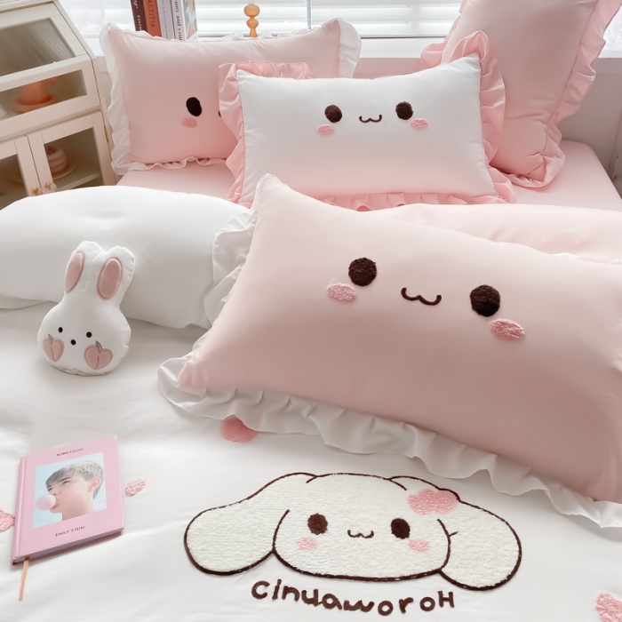 91家纺网 家纺一手货源 找家纺 易禾 2022新款小清新水洗亲肤棉四件套 宝宝兔-白粉