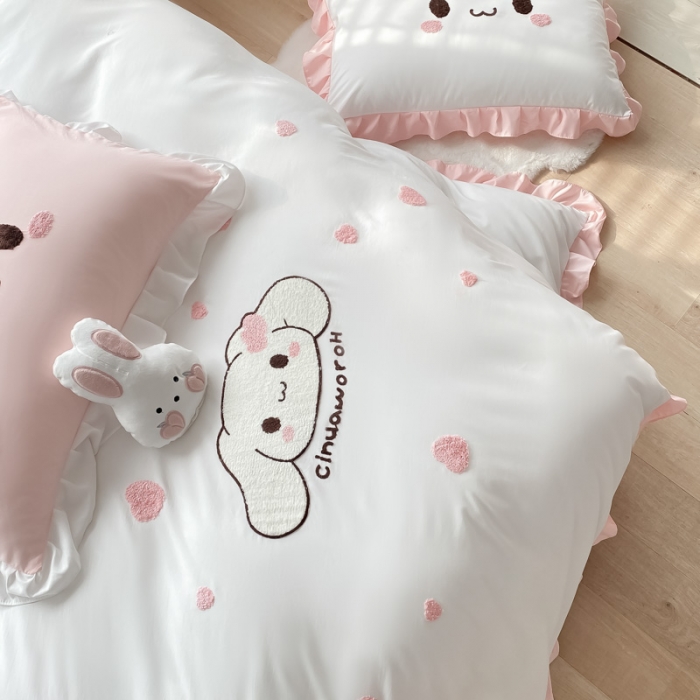 91家纺网 家纺一手货源 找家纺 易禾 2022新款小清新水洗亲肤棉四件套 宝宝兔-白粉