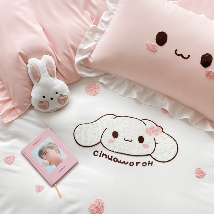 91家纺网 家纺一手货源 找家纺 易禾 2022新款小清新水洗亲肤棉四件套 宝宝兔-白粉