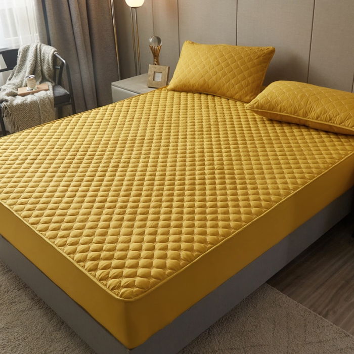 91家纺网 家纺一手货源 找家纺 给笠 2023新款亲肤磨毛夹棉床笠 小格姜黄