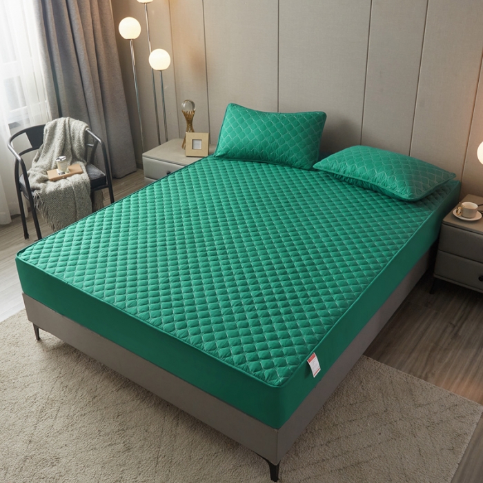 91家纺网 家纺一手货源 找家纺 给笠 2023新款亲肤磨毛夹棉床笠 小格孔雀绿