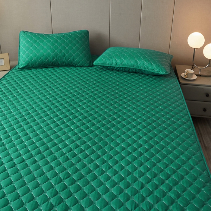 91家纺网 家纺一手货源 找家纺 给笠 2023新款亲肤磨毛夹棉床笠 小格孔雀绿