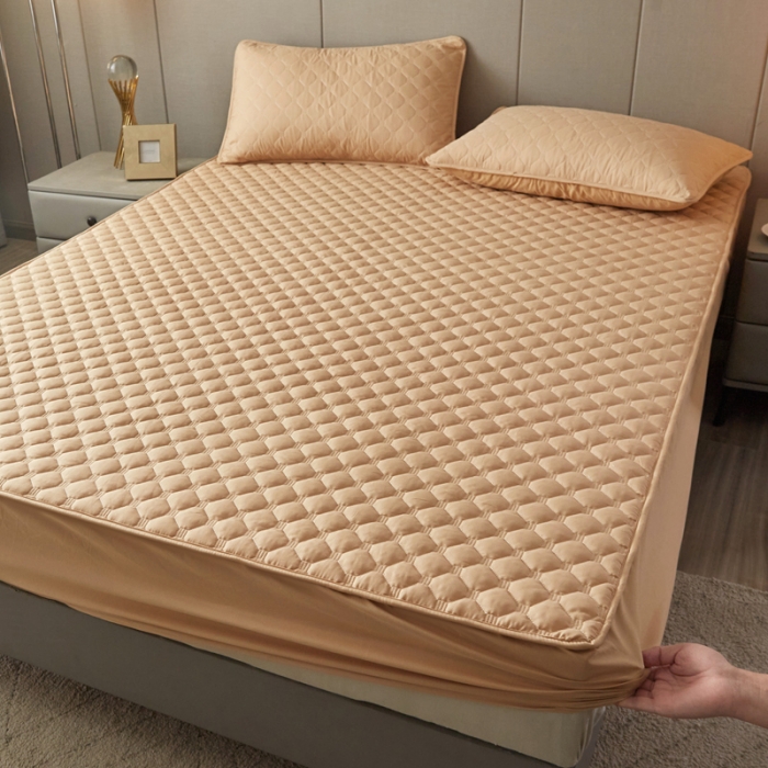 91家纺网 家纺一手货源 找家纺 给笠 2023新款亲肤磨毛夹棉床笠 小格驼色