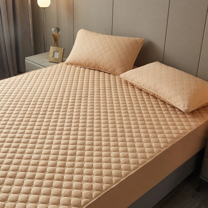 91家纺网 家纺一手货源 找家纺 给笠 2023新款亲肤磨毛夹棉床笠 小格驼色