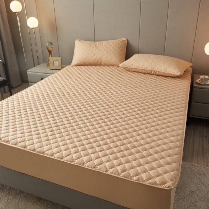 91家纺网 家纺一手货源 找家纺 给笠 2023新款亲肤磨毛夹棉床笠 小格驼色