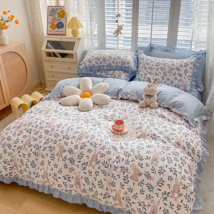 91家纺网 家纺一手货源 找家纺 上尚居 2024新款小清新韩版花边磨毛四件套水洗棉 萌萌兔