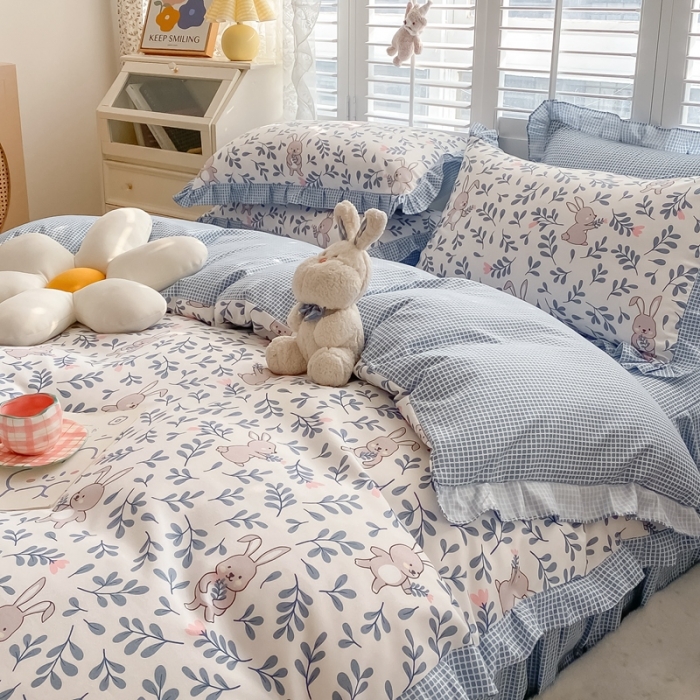 91家纺网 家纺一手货源 找家纺 上尚居 2024新款小清新韩版花边磨毛四件套水洗棉 萌萌兔