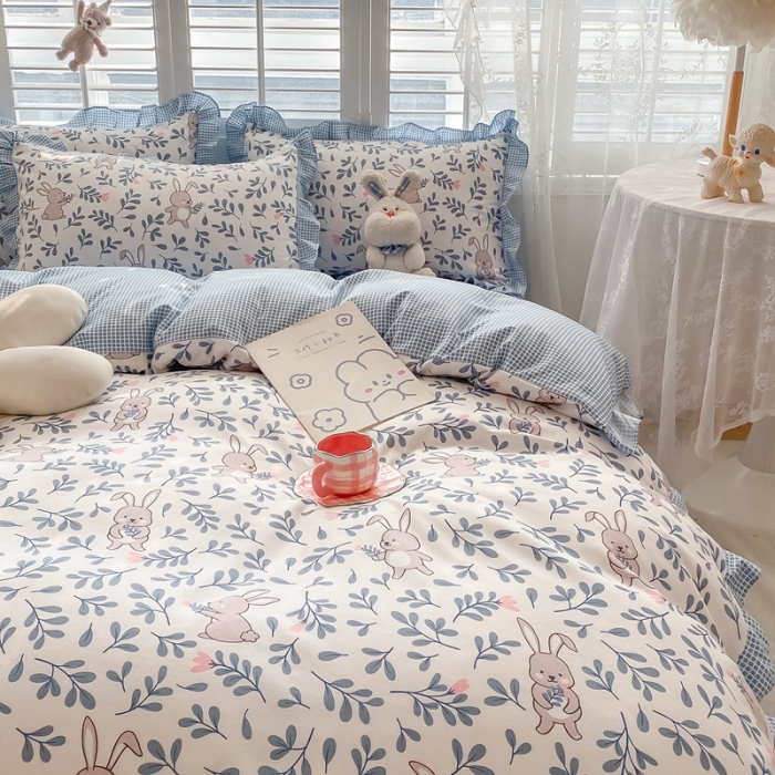 91家纺网 家纺一手货源 找家纺 上尚居 2024新款小清新韩版花边磨毛四件套水洗棉 萌萌兔