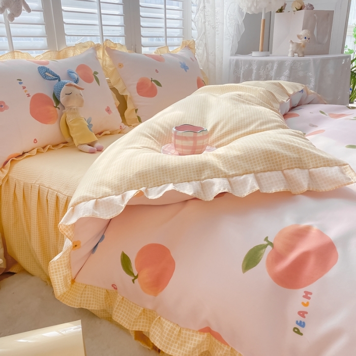 91家纺网 家纺一手货源 找家纺 上尚居 2024新款小清新韩版花边磨毛四件套水洗棉 爱心桃