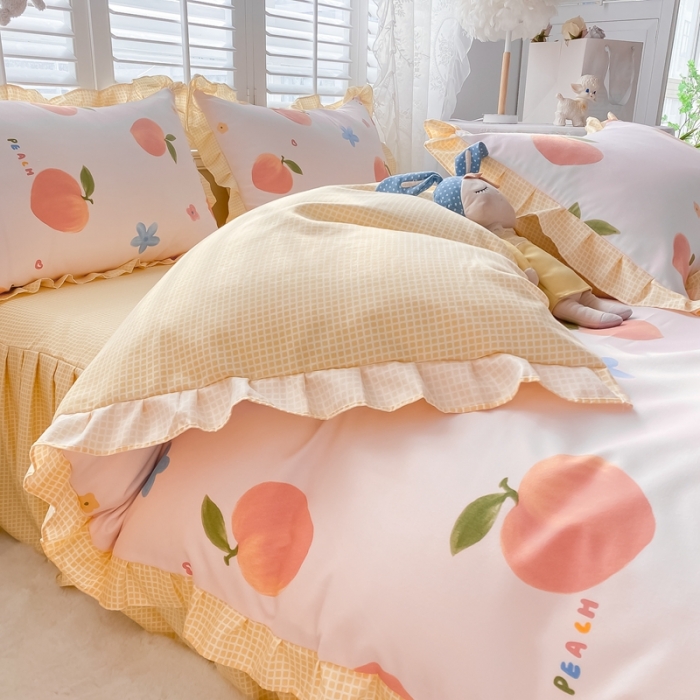 91家纺网 家纺一手货源 找家纺 上尚居 2024新款小清新韩版花边磨毛四件套水洗棉 爱心桃