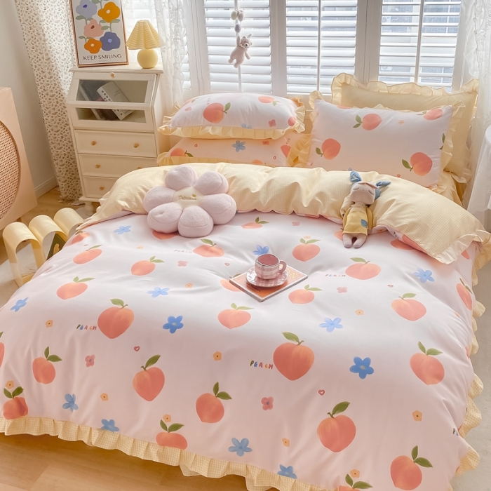 91家纺网 家纺一手货源 找家纺 上尚居 2024新款小清新韩版花边磨毛四件套水洗棉 爱心桃