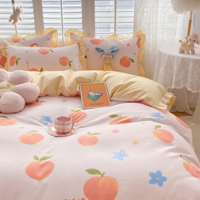 91家纺网 家纺一手货源 找家纺 上尚居 2024新款小清新韩版花边磨毛四件套水洗棉 爱心桃