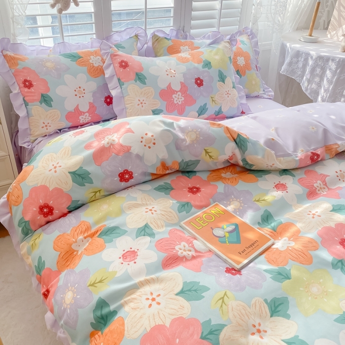 91家纺网 家纺一手货源 找家纺 上尚居 2024新款小清新韩版花边磨毛四件套水洗棉 莫奈花园