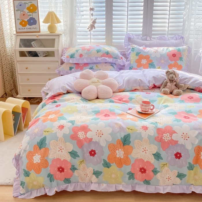 91家纺网 家纺一手货源 找家纺 上尚居 2024新款小清新韩版花边磨毛四件套水洗棉 莫奈花园