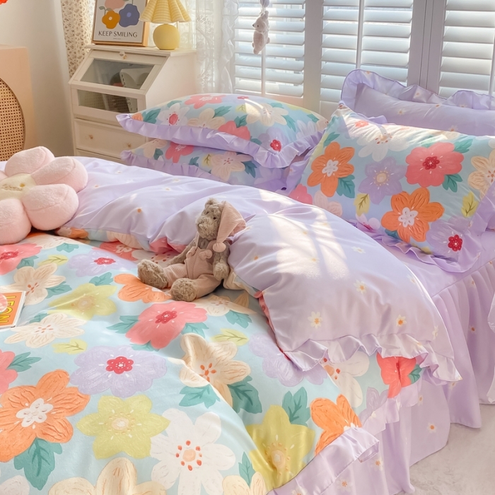 91家纺网 家纺一手货源 找家纺 上尚居 2024新款小清新韩版花边磨毛四件套水洗棉 莫奈花园