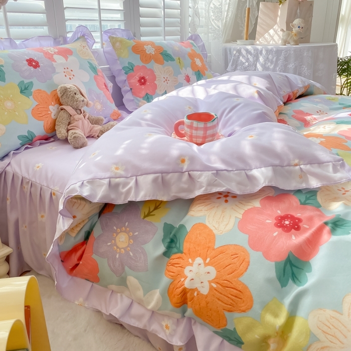 91家纺网 家纺一手货源 找家纺 上尚居 2024新款小清新韩版花边磨毛四件套水洗棉 莫奈花园