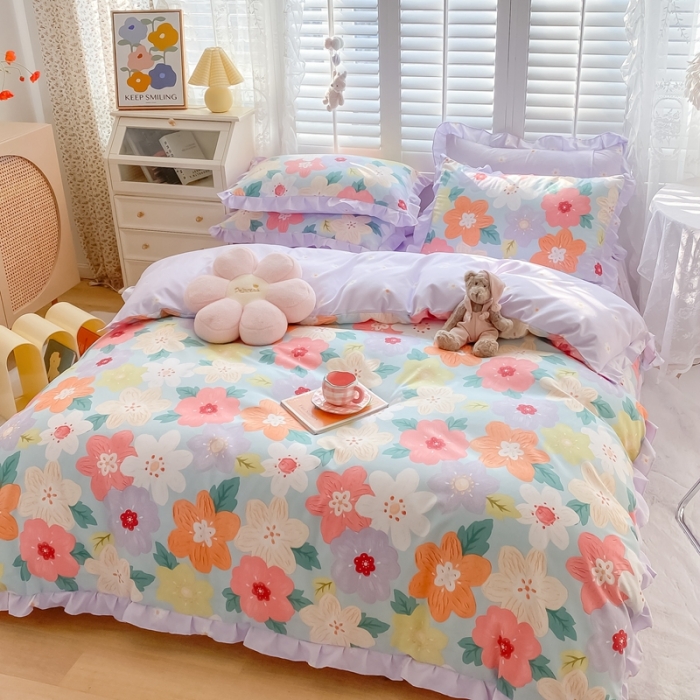 91家纺网 家纺一手货源 找家纺 上尚居 2024新款小清新韩版花边磨毛四件套水洗棉 莫奈花园