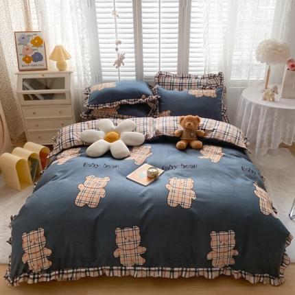 91家纺网 家纺一手货源 找家纺 上尚居 2024新款小清新韩版花边磨毛四件套水洗棉小熊吉米灰