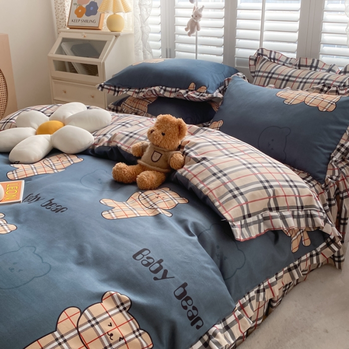 91家纺网 家纺一手货源 找家纺 上尚居 2024新款小清新韩版花边磨毛四件套水洗棉小熊吉米灰