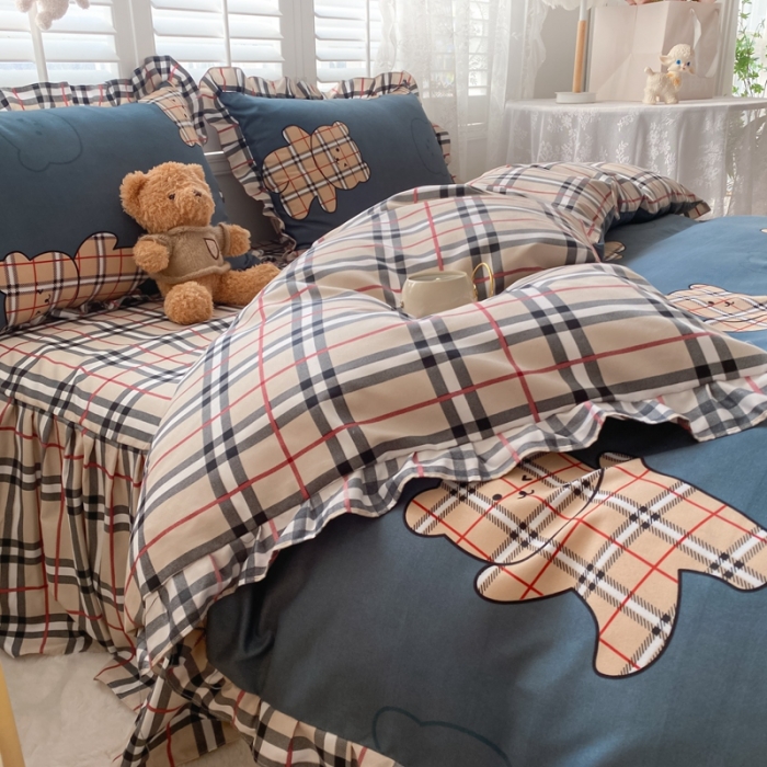 91家纺网 家纺一手货源 找家纺 上尚居 2024新款小清新韩版花边磨毛四件套水洗棉小熊吉米灰