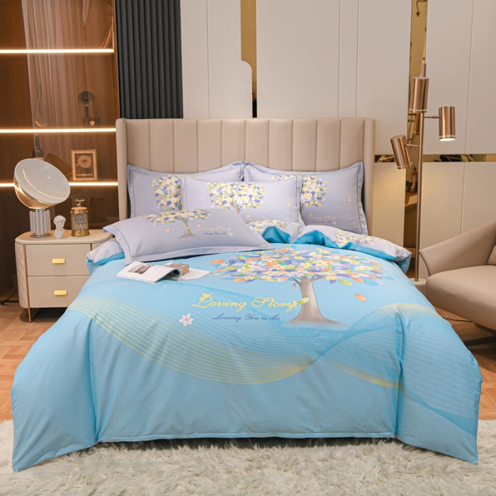 91家纺网 家纺一手货源 找家纺 金爱家2023新款大版13372全棉花卉系列四件套 斐莉-蓝