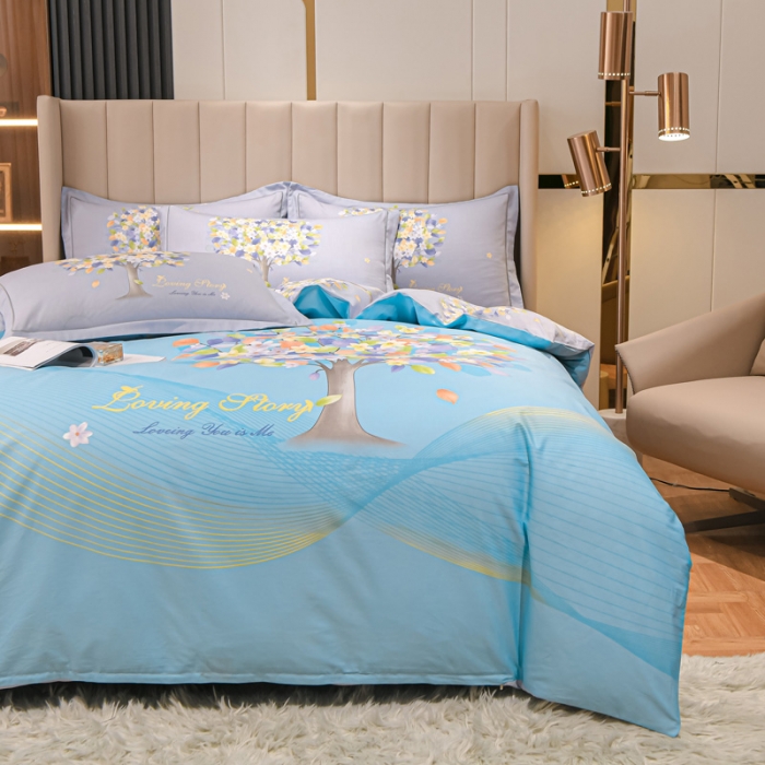 91家纺网 家纺一手货源 找家纺 金爱家2023新款大版13372全棉花卉系列四件套 斐莉-蓝