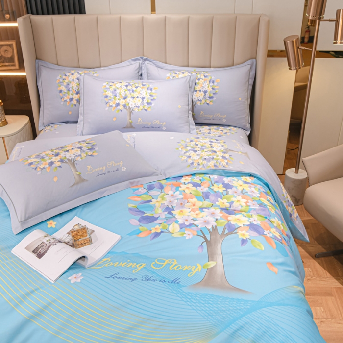 91家纺网 家纺一手货源 找家纺 金爱家2023新款大版13372全棉花卉系列四件套 斐莉-蓝
