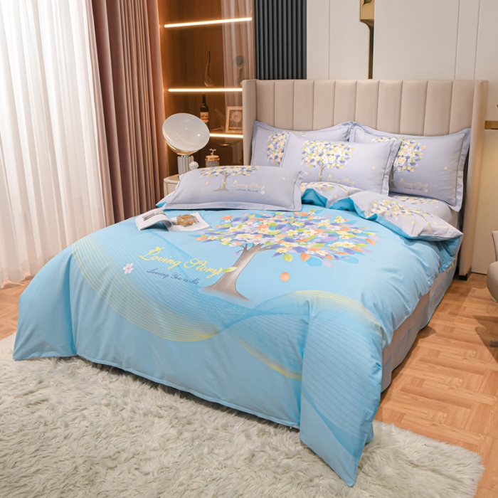 91家纺网 家纺一手货源 找家纺 金爱家2023新款大版13372全棉花卉系列四件套 斐莉-蓝