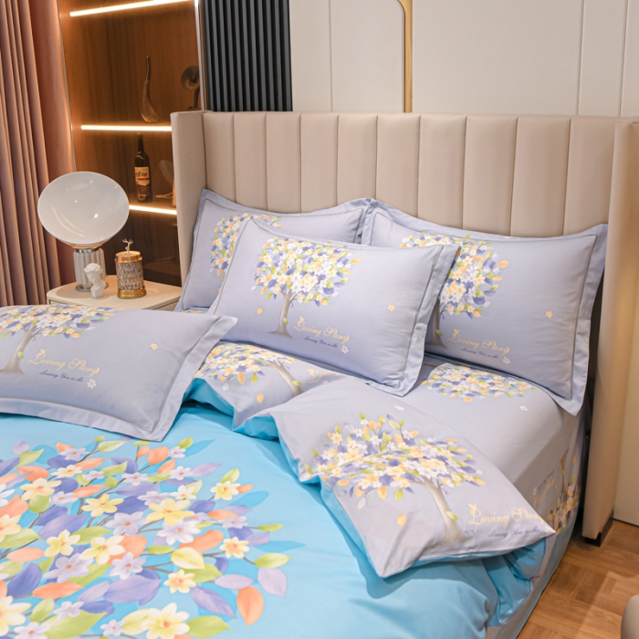 91家纺网 家纺一手货源 找家纺 金爱家2023新款大版13372全棉花卉系列四件套 斐莉-蓝