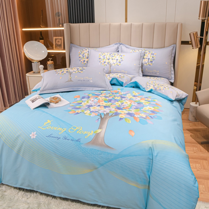 91家纺网 家纺一手货源 找家纺 金爱家2023新款大版13372全棉花卉系列四件套 斐莉-蓝