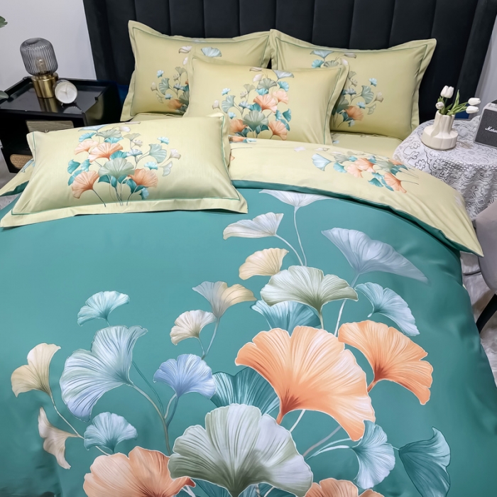 91家纺网 家纺一手货源 找家纺 金爱家 2023新款大版13372全棉花卉系列四件套慕璃绿