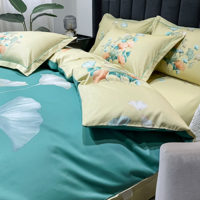 91家纺网 家纺一手货源 找家纺 金爱家 2023新款大版13372全棉花卉系列四件套慕璃绿