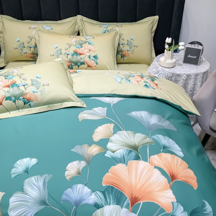 91家纺网 家纺一手货源 找家纺 金爱家 2023新款大版13372全棉花卉系列四件套慕璃绿