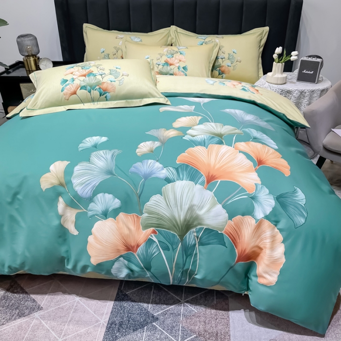 91家纺网 家纺一手货源 找家纺 金爱家 2023新款大版13372全棉花卉系列四件套慕璃绿