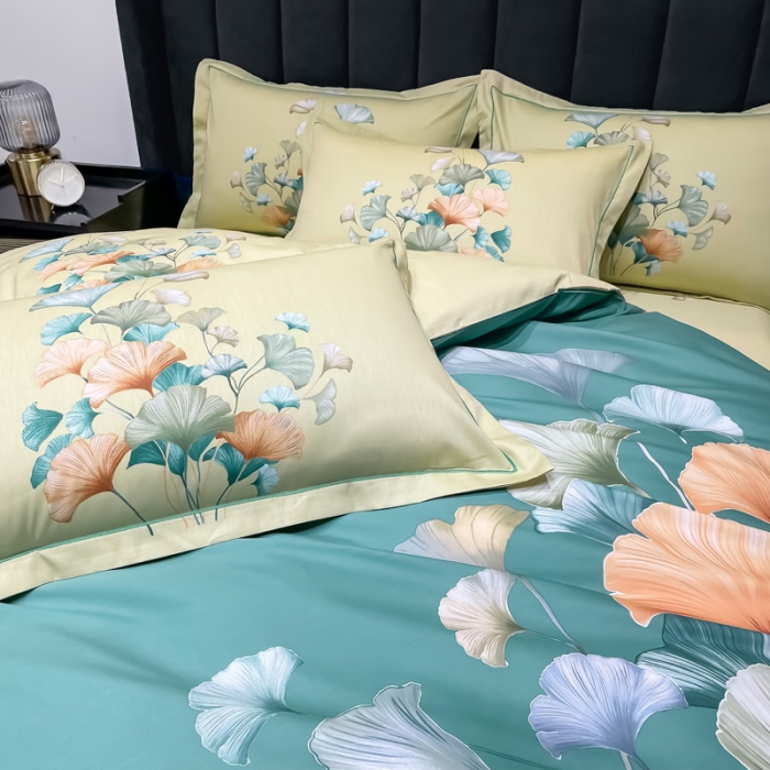 91家纺网 家纺一手货源 找家纺 金爱家 2023新款大版13372全棉花卉系列四件套慕璃绿