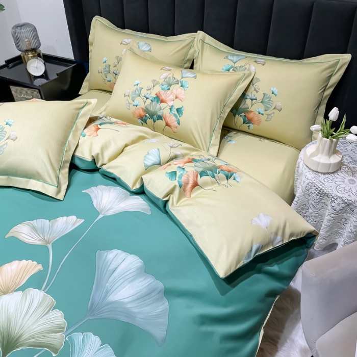 91家纺网 家纺一手货源 找家纺 金爱家 2023新款大版13372全棉花卉系列四件套慕璃绿