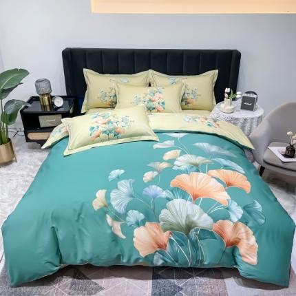 91家纺网 家纺一手货源 找家纺 金爱家 2023新款大版13372全棉花卉系列四件套慕璃绿