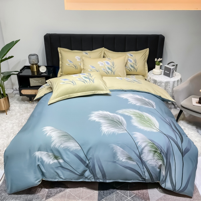 91家纺网 家纺一手货源 找家纺 金爱家 新款大版13372全棉花卉系列四件套清风微漾-绿