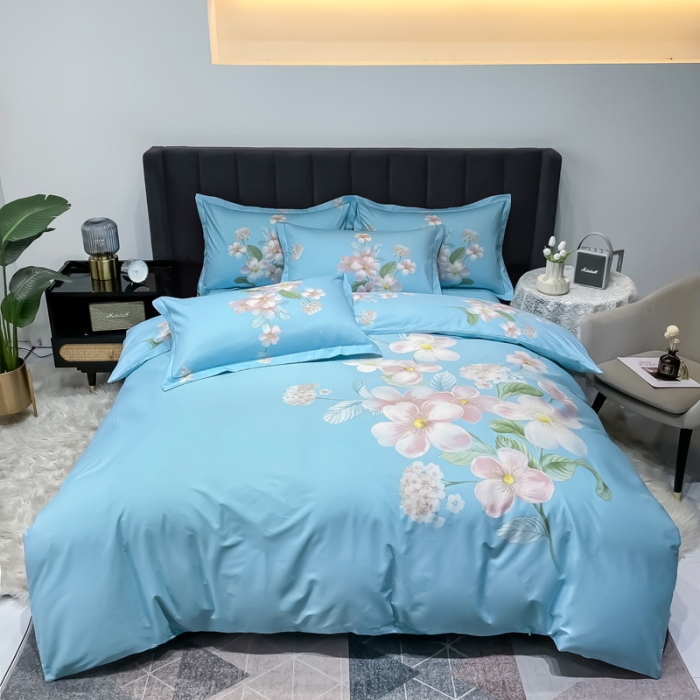 91家纺网 家纺一手货源 找家纺 金爱家 新款大版13372全棉花卉系列四件套清莹花香-兰