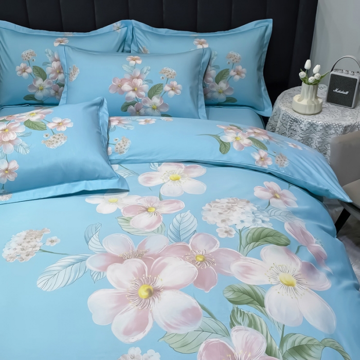 91家纺网 家纺一手货源 找家纺 金爱家 新款大版13372全棉花卉系列四件套清莹花香-兰