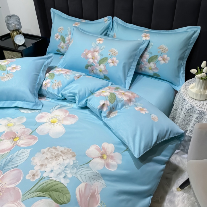 91家纺网 家纺一手货源 找家纺 金爱家 新款大版13372全棉花卉系列四件套清莹花香-兰