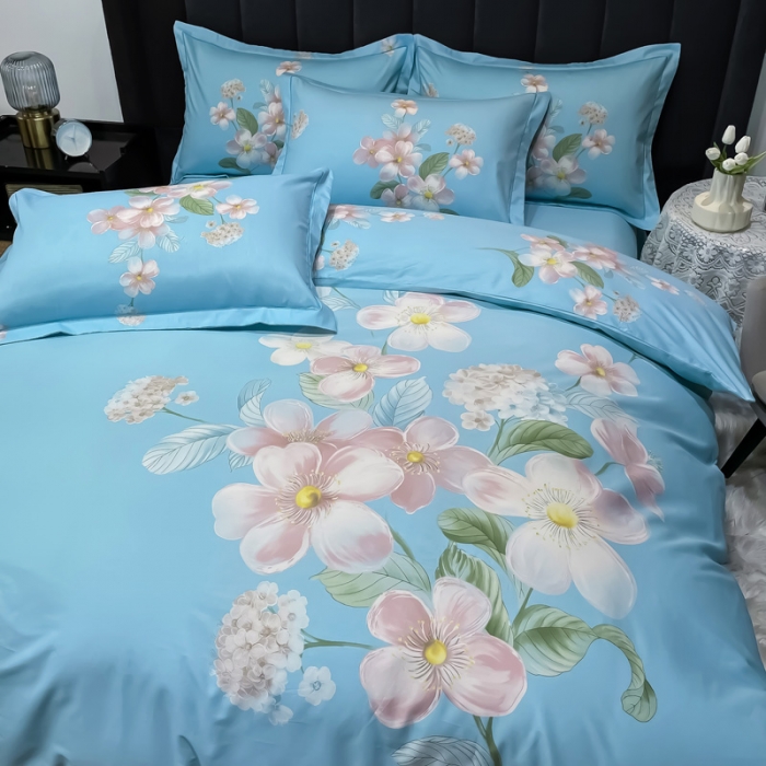 91家纺网 家纺一手货源 找家纺 金爱家 新款大版13372全棉花卉系列四件套清莹花香-兰