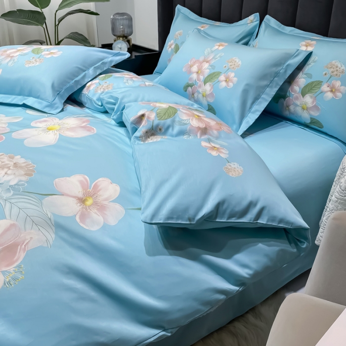 91家纺网 家纺一手货源 找家纺 金爱家 新款大版13372全棉花卉系列四件套清莹花香-兰