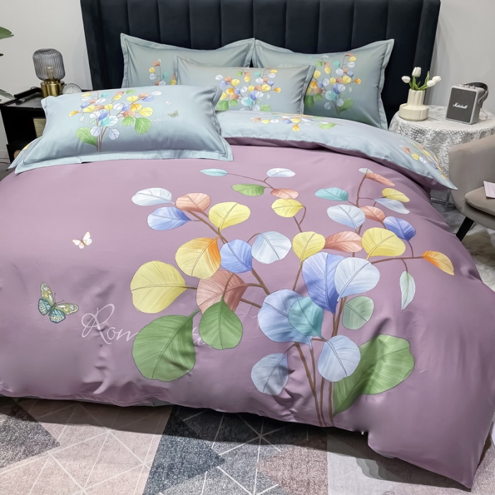 91家纺网 家纺一手货源 找家纺 金爱家 新款大版13372全棉花卉系列四件套琼枝玉叶-紫