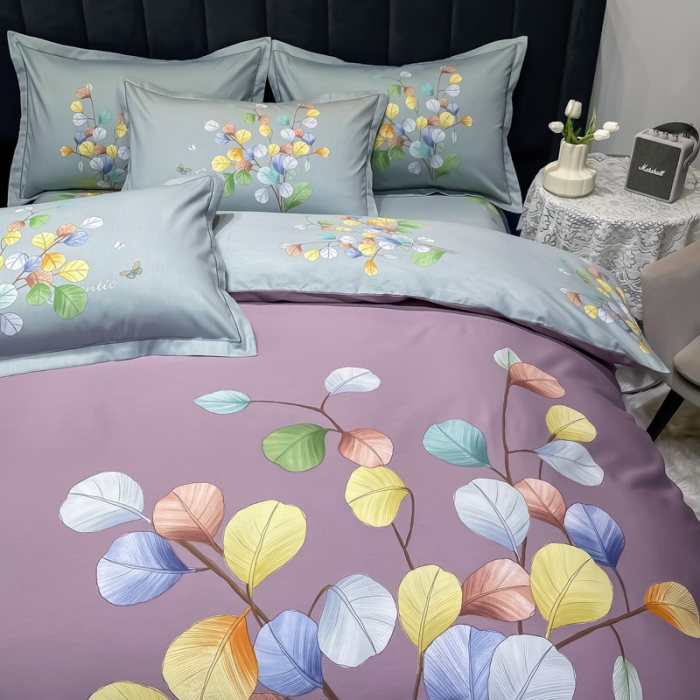 91家纺网 家纺一手货源 找家纺 金爱家 新款大版13372全棉花卉系列四件套琼枝玉叶-紫