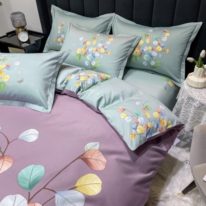 91家纺网 家纺一手货源 找家纺 金爱家 新款大版13372全棉花卉系列四件套琼枝玉叶-紫