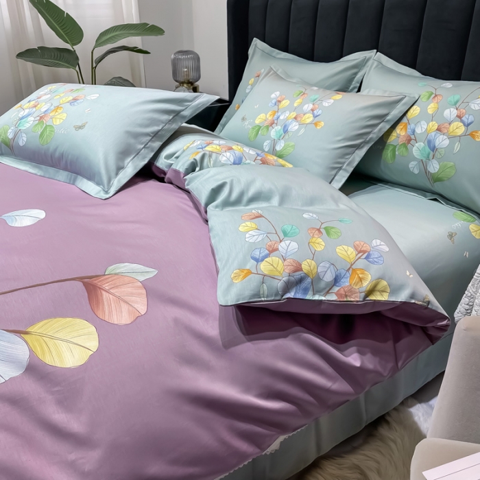 91家纺网 家纺一手货源 找家纺 金爱家 新款大版13372全棉花卉系列四件套琼枝玉叶-紫