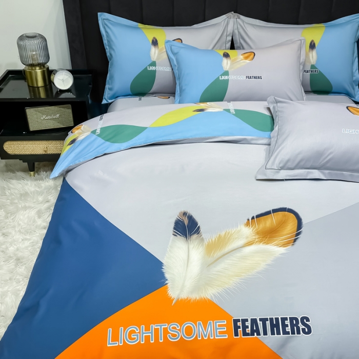 91家纺网 家纺一手货源 找家纺 金爱家 2023新款大版13372全棉花卉系列四件套色彩羽毛