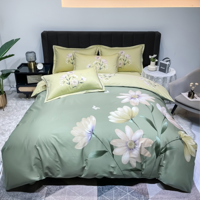91家纺网 家纺一手货源 找家纺 金爱家 2023新款大版13372全棉花卉系列四件套薇曼-绿